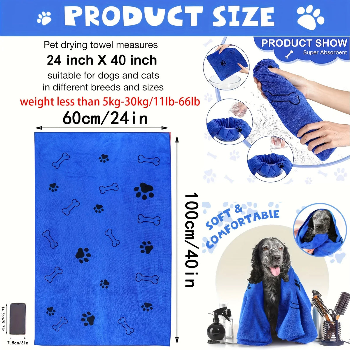 "1p Super-Absorbent Microfiber Dog Towel- Ideal for Quick and Easy Pet Drying"